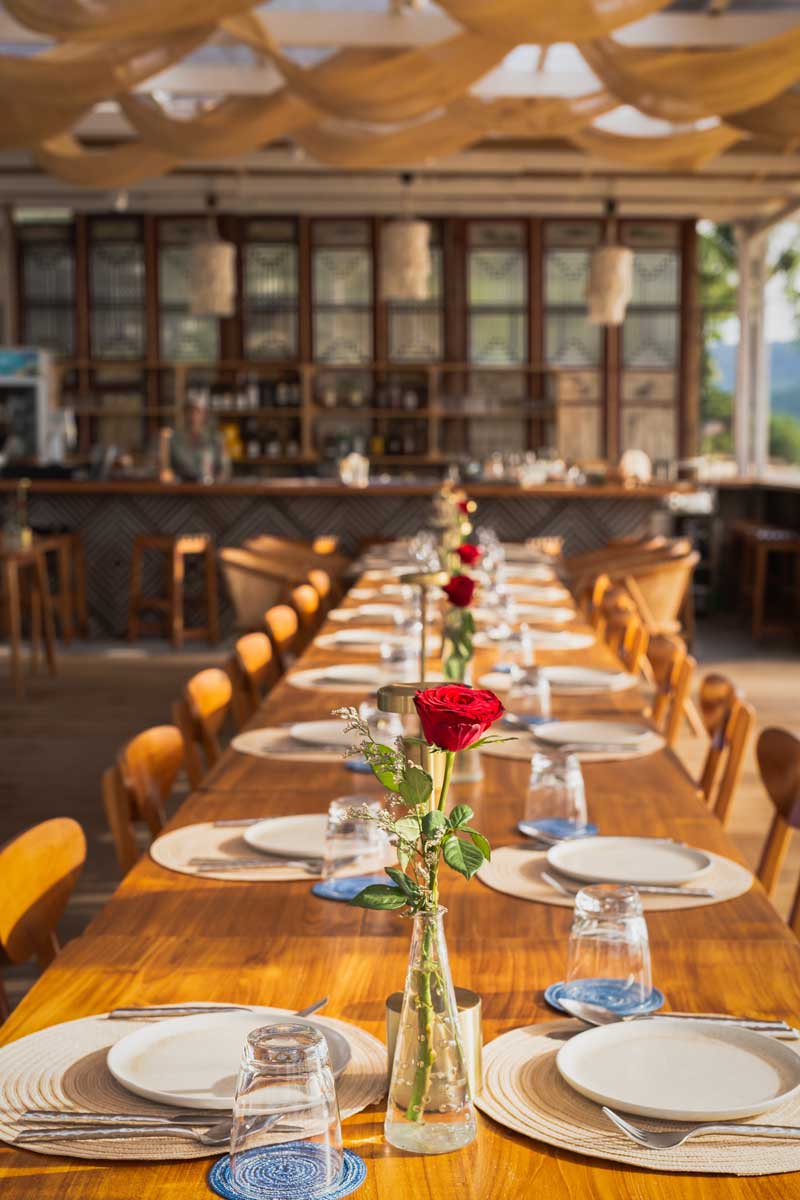 A long wooden table set with many plates and glasses and a line of roses in glass vases along the center